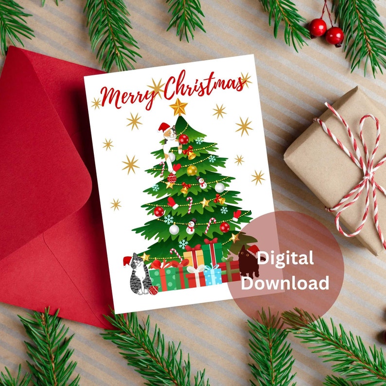 Funny Cat Christmas Tree Card, Digital Download, Printable Holiday Card ...