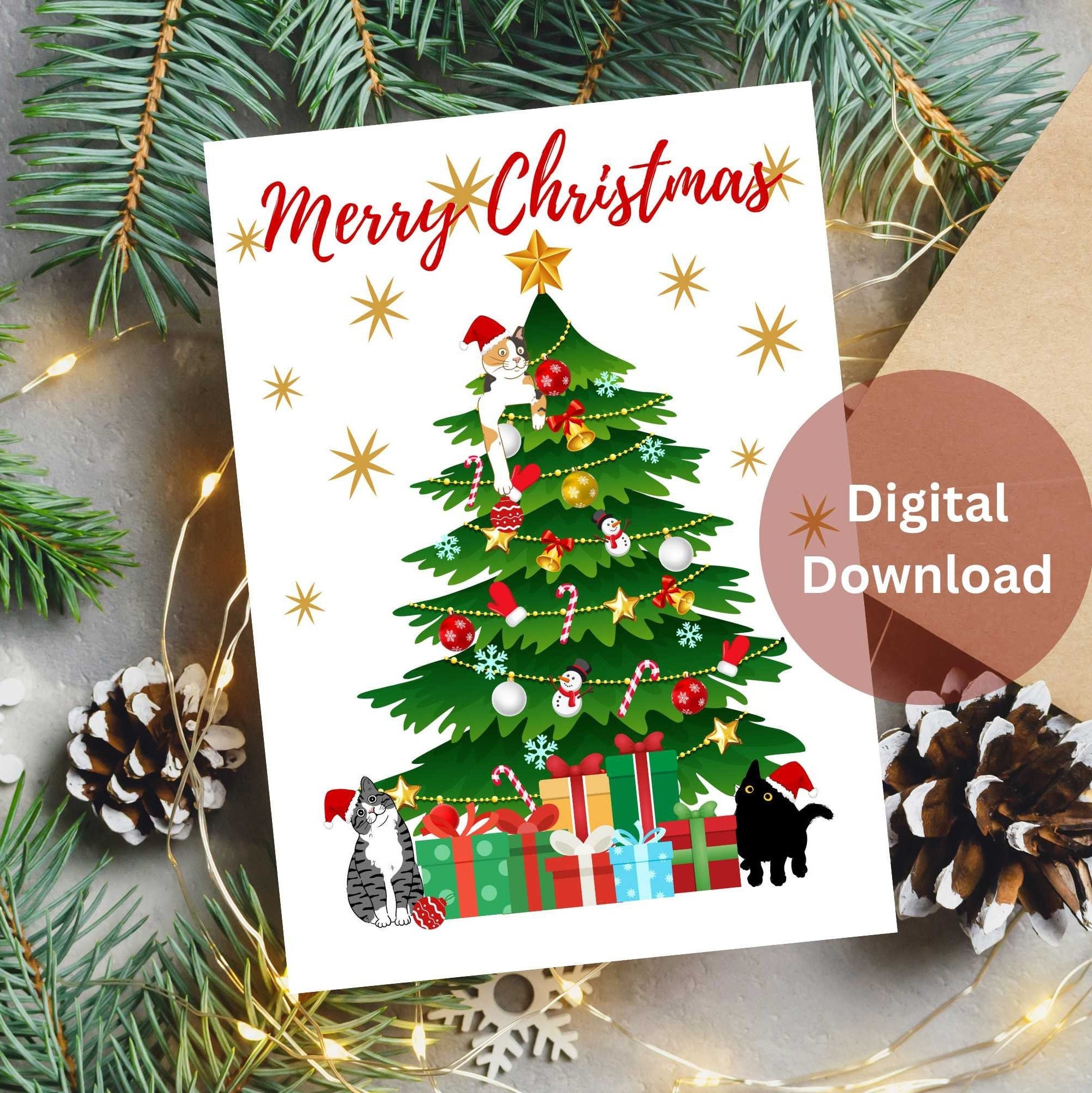 Funny Cat Christmas Tree Card, Digital Download, Printable Holiday Card ...