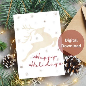 Christmas Card Digital Download, Printable Holiday Card, Reindeer, Stars, Happy Holidays Printable Digital Card