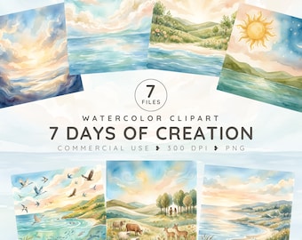 Day of Creation Clipart PNG, Watercolor Genesis Bible Story Set, Christian Sunday School Art, 7 Days Faith Illustration Pack