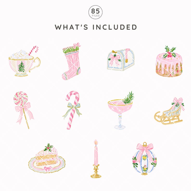 May include: A digital collection of 85 Christmas-themed illustrations featuring pink and gold motifs. Items include a teacup, stocking, mailbox, cake, lollipop, candy cane, cocktail glass, sleigh, cake slice, candle, and ornament with bows.