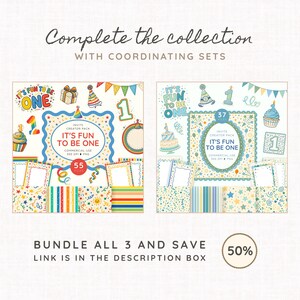 May include: Two digital graphic sets titled It's Fun To Be One, featuring birthday-themed illustrations like cupcakes, party hats, and number ones. The sets include patterned papers, frames, and confetti designs in rainbow and blue color palettes.