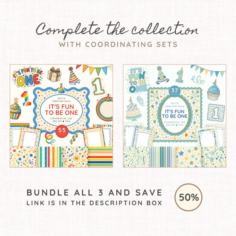 May include: Two digital graphic sets titled It's Fun To Be One, featuring birthday-themed illustrations like cupcakes, party hats, and number ones. The sets include patterned papers, frames, and confetti designs in rainbow and blue color palettes.
