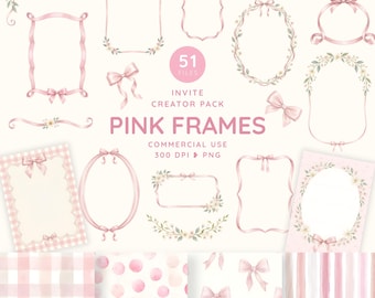 Soft Pink Bow Frame Clipart, Coquette Ribbon Border PNG, Floral Baby Shower Frames, Girl Birthday Invitation Creator