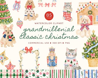 Grandmillennial Christmas Clipart, Watercolor Whimsy Dogs and Cats PNG, Preppy Holiday Ornaments, 5x7 Frames and Quirky Card Art