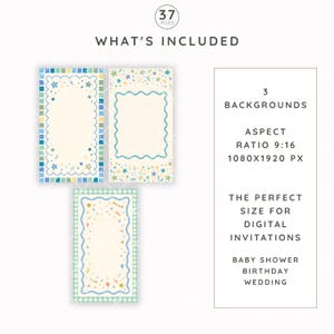 May include: Three rectangular digital invitation templates with a 9:16 aspect ratio and 1080x1920 px dimensions. The designs feature cream-colored centers with blue, green, and yellow borders decorated with stars, confetti, and wavy line patterns.