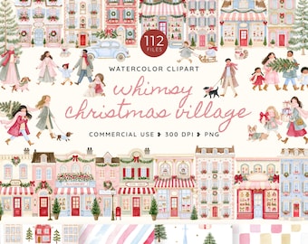 Christmas Village Clipart, Whimsy Watercolor Christmas Town PNG, Whimsical Christmas House Clipart, Festive People and Winter Streets