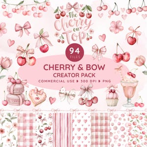 Op de afbeelding: Een digitale designcollectie getiteld The Cherry on Top Cherry & Bow Creator Pack met 94 bestanden, waaronder aquarelillustraties van kersen, roze strikken, hartjes, macarons, cupcakes en achtergronden met patronen in roze tinten.