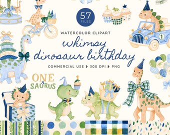 Whimsy Dinosaur Birthday Clipart, Whimsical First Birthday Dino Watercolor PNG, One A Saurus Party, Preppy Blue Green Graphics