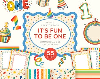 Fun to Be One Birthday Invitation Template, Whimsy 1st Birthday Clipart, Rainbow First Birthday Creator Pack, Unisex Party PNG