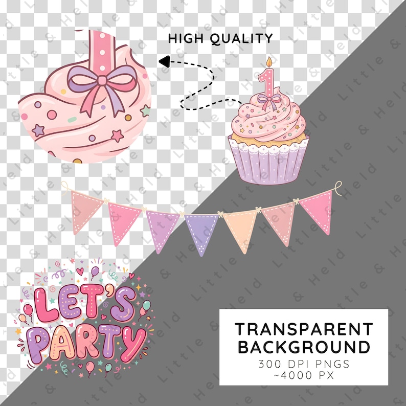 May include: A digital illustration set featuring a pink cupcake with a number one candle, a pink and purple bunting banner, and the text "LET'S PARTY" surrounded by small colorful balloons and confetti elements on a transparent background.