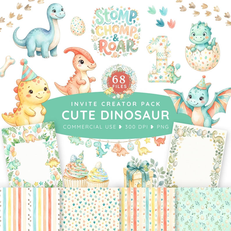 Cute Dinosaur Clipart Creator Pack, Little Dino is Hatching, Baby ...