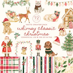 May include: A digital collection of 72 watercolor Christmas illustrations including a reindeer with a sleigh, Santa Claus, a nutcracker, various dogs, a cat, a gingerbread house, a Christmas tree, holly, bells, string lights, and patterned papers.