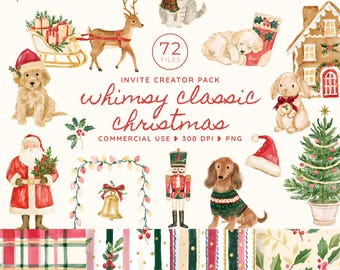 Classic Christmas Clipart Bundle, Whimsical Watercolor Holiday PNG, Santa Pets Ornaments Wreaths and Festive Frames