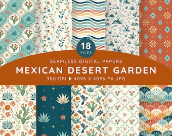 Mexican Desert Garden Digital Paper, Talavera Seamless Patterns, Cielito Lindo Folk Art, Fiesta Scrapbook Papers, Invite Creator