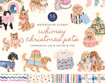 Whimsy Christmas Pets Clipart, Whimsical Preppy Cats and Dogs Watercolor PNG, Grandmillennial Holiday Animals and Festive Pet Graphics