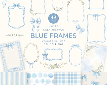 Baby Blue Bow Frame Clipart, Coquette Ribbon Border PNG, Baby Boy Shower Invitation Frames, Blue Floral Birthday Creator