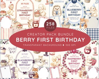 Berry First Birthday Clipart Bundle, Strawberry Blueberry Raspberry Blackberry PNG, Sweet One Woodland Animals, Invitation Creator Pack