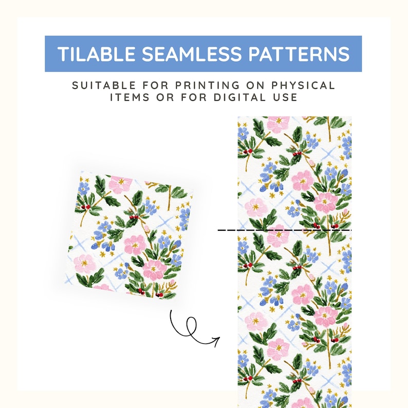 May include: A digital graphic featuring tilable seamless patterns with pink and blue flowers, green leaves, and a light blue grid on a white background. The text reads TILABLE SEAMLESS PATTERNS and SUITABLE FOR PRINTING ON PHYSICAL ITEMS OR FOR DIGITAL USE.
