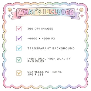 May include: A digital information graphic with a scalloped rainbow border featuring the text WHAT'S INCLUDED. It lists 300 DPI IMAGES, ~4000 X 4000 PX, TRANSPARANT BACKGROUND, INDIVIDUAL HIGH QUALITY PNG FILES, and SEAMLESS PATTERNS JPG FILES with checkmarks.