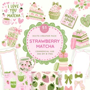 May include: A digital collection of 51 Strawberry Matcha themed illustrations including a cake slice, cupcake, clipboard with text MATCHA LOVER, stacked books, macarons, bows, and mugs with strawberry patterns, all in shades of pink and green.