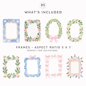 May include: A digital collection of 85 watercolor frames with a 5 x 7 aspect ratio. The set includes rectangular and oval designs featuring floral wreaths, pine branches, pink bows, and colorful string lights on blue and pink backgrounds.