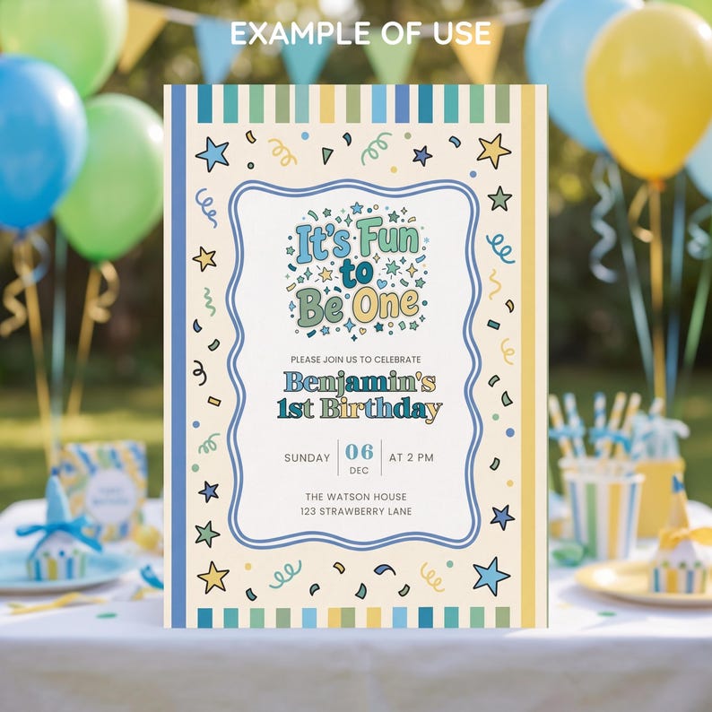 May include: A rectangular birthday invitation card featuring a cream background with blue, yellow, and green striped borders. The text reads It's Fun to Be One, Benjamin's 1st Birthday, Sunday 06 Dec at 2 PM, The Watson House, 123 Strawberry Lane.