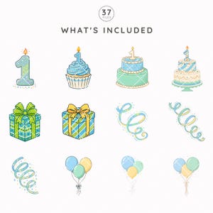 May include: A digital collection of 37 birthday-themed illustrations featuring the text WHAT'S INCLUDED. The set includes a number one candle, a cupcake, tiered cakes, gift boxes with bows, curly ribbons, and clusters of blue, green, and yellow balloons.