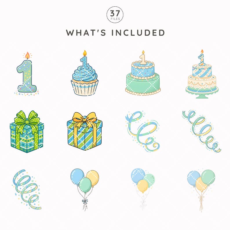 May include: A digital collection of 37 birthday-themed illustrations featuring the text WHAT'S INCLUDED. The set includes a number one candle, a cupcake, tiered cakes, gift boxes with bows, curly ribbons, and clusters of blue, green, and yellow balloons.