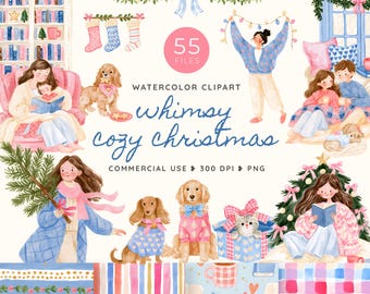 Whimsy Cozy Christmas Clipart, Pink and Blue Watercolor PNG, Holiday Families, Sweater Pets, Reading Nooks and Cottage Decor
