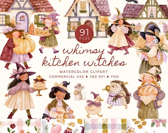 Whimsy Kitchen Witches Clipart, Whimsical Cottagecore Watercolor PNG, Cozy Baking Magic, Witch Animals and Autumn Kitchen