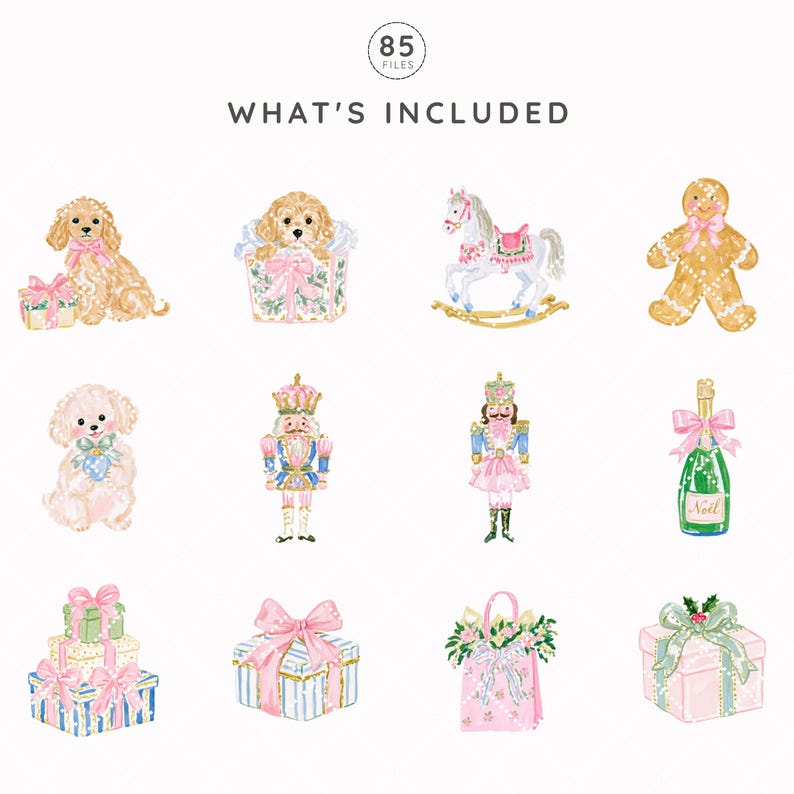 May include: A collection of 85 watercolor-style digital illustrations featuring holiday themes including puppies with pink bows, a rocking horse, a gingerbread person, nutcrackers, a champagne bottle labeled Noel, and various gift boxes with ribbons.