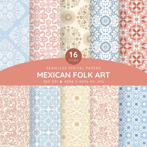 Puede incluir: Una colección de 16 papeles digitales sin costuras con patrones de arte popular mexicano en tonos azul, rosa, beige y crema. La imagen muestra varios motivos florales, de aves y geométricos con el texto 16 FILES, SEAMLESS DIGITAL PAPERS, MEXICAN FOLK ART, 300 DPI, 4096 X 4096 PX JPG.