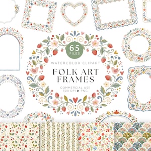 Folkkonstram Clipart-paket, akvarellblommorramar PNG, Cottagecore-bröllopsinbjudningskanter, nyckfull ramuppsättning, botanisk sömlös