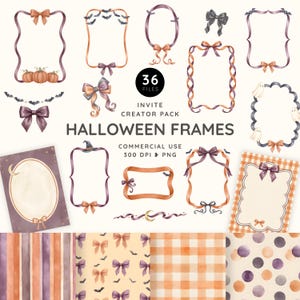 Puede incluir: Una colección digital de 36 marcos y patrones con temática de Halloween que incluye ilustraciones en acuarela de cintas, lazos, calabazas, murciélagos, fantasmas y sombreros de bruja, con el texto Invite Creator Pack Halloween Frames.
