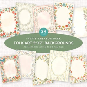 May include: A collection of 24 rectangular digital backgrounds measuring 5 inches by 7 inches, featuring various floral, bird, and strawberry motifs with decorative borders and central frames for invitations, presented in a folk art style.