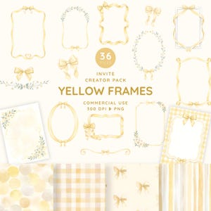 Op de afbeelding: Een digitale collectie van gele kaders en patronen met aquarelillustraties van linten, strikken en florale accenten. De tekst luidt: 36 FILES, INVITE CREATOR PACK, YELLOW FRAMES, COMMERCIAL USE, 300 DPI, PNG. Bevat diverse vormen van randen.
