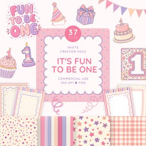 May include: A digital creator pack titled Fun To Be One featuring 37 files including a party hat, gift box, birthday cake, cupcake, number one candles, bunting, frames, and patterned papers in pink, purple, and orange pastel color palettes.
