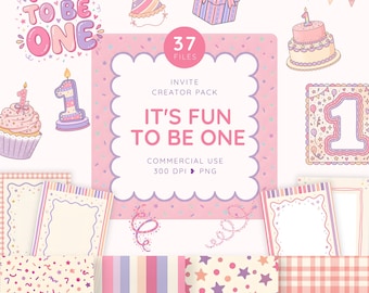 Fun To Be One Clipart Creator Pack, Whimsy 1st Birthday PNG, Pink First Birthday Party Clipart, Purple Girly Invitation Maker Graphics