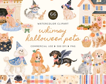 Whimsy Halloween Pets Clipart, Whimsical Cats and Dogs Watercolor PNG, Witch Costume Animals, Cute Spooky Pet Party Graphics