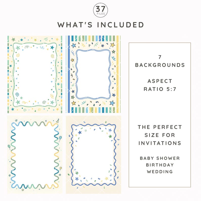 May include: A digital collection of 37 files featuring 7 backgrounds with a 5:7 aspect ratio. The designs include rectangular frames with wavy borders, decorated with colorful stars, confetti, and streamers in blue, yellow, and green hues.