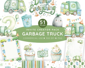 Garbage Truck Clipart Pack PNG, Garbage Truck Birthday Invitation Creator Set, Trash Truck Party Graphics, Dump Everything Seamless Pattern