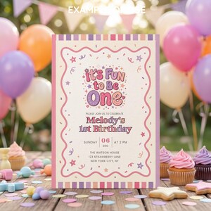 May include: A rectangular birthday invitation card with a cream background, featuring a wavy pink border and colorful confetti. The text reads: It's Fun to Be One, Melody's 1st Birthday, Sunday 06 Dec at 2 PM, The Watson House, 123 Strawberry Lane, New York City, NY.