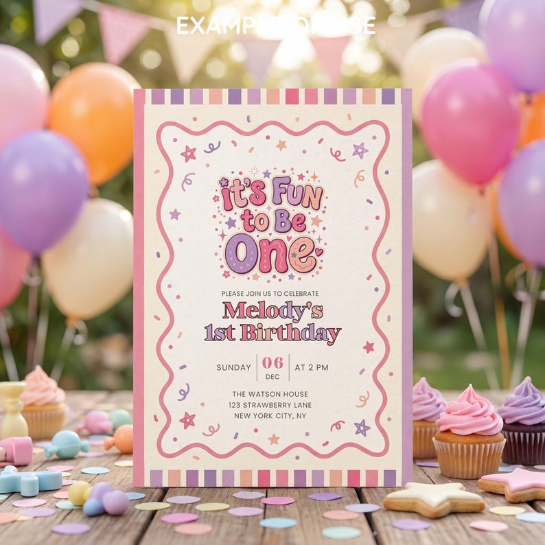 May include: A rectangular birthday invitation card with a cream background, featuring a wavy pink border and colorful confetti. The text reads: It's Fun to Be One, Melody's 1st Birthday, Sunday 06 Dec at 2 PM, The Watson House, 123 Strawberry Lane, New York City, NY.