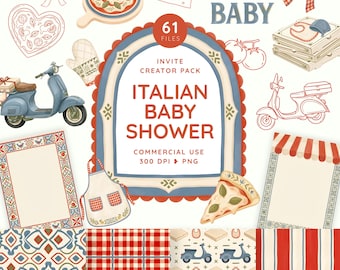 Italian Baby Shower Clipart, Ciao Baby PNG Bundle, Little Slice of Heaven Pizza Theme, Mediterranean Folk Art Invite Creator
