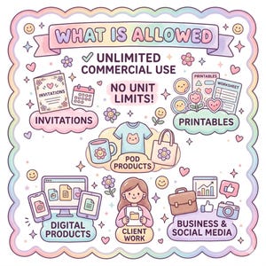 May include: A pastel-colored infographic titled WHAT IS ALLOWED featuring icons for invitations, printables, POD products, digital products, client work, and business and social media. The design includes cute flowers, hearts, and smiley faces.