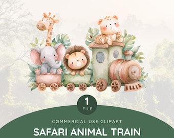 Safari Animal Train Clipart PNG, Jungle Watercolor Clipart, Baby Safari Clipart, Nursery Animal PNG Commercial Use, Cute Train on Tracks