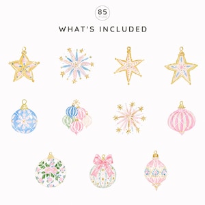 May include: A collection of eleven watercolor-style Christmas ornaments in pastel pink, blue, and gold tones, featuring stars, spheres, and starburst shapes. The text "85 FILES" and "WHAT'S INCLUDED" is displayed at the top of the graphic illustration.