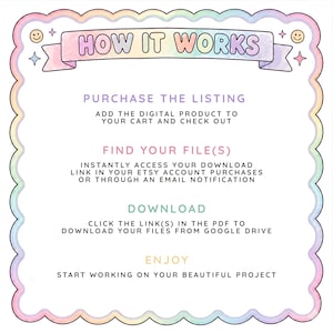 May include: A digital instruction graphic with a scalloped pastel rainbow border. The text reads: HOW IT WORKS, PURCHASE THE LISTING, FIND YOUR FILE(S), DOWNLOAD, and ENJOY, followed by step-by-step instructions for accessing digital files.