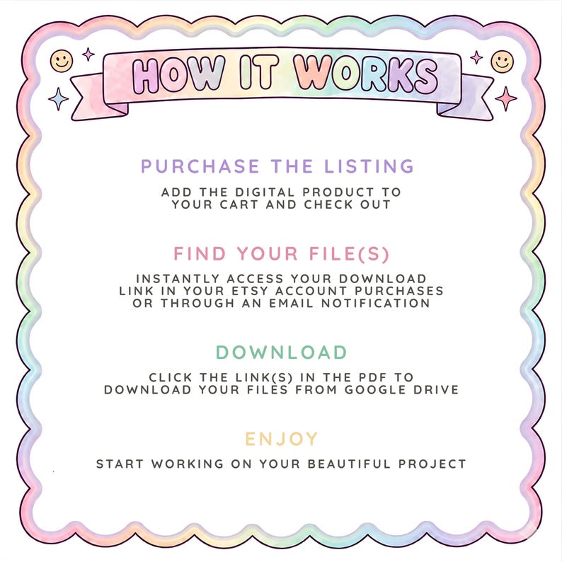 May include: A digital instruction graphic with a scalloped pastel rainbow border. The text reads: HOW IT WORKS, PURCHASE THE LISTING, FIND YOUR FILE(S), DOWNLOAD, and ENJOY, followed by step-by-step instructions for accessing digital files.